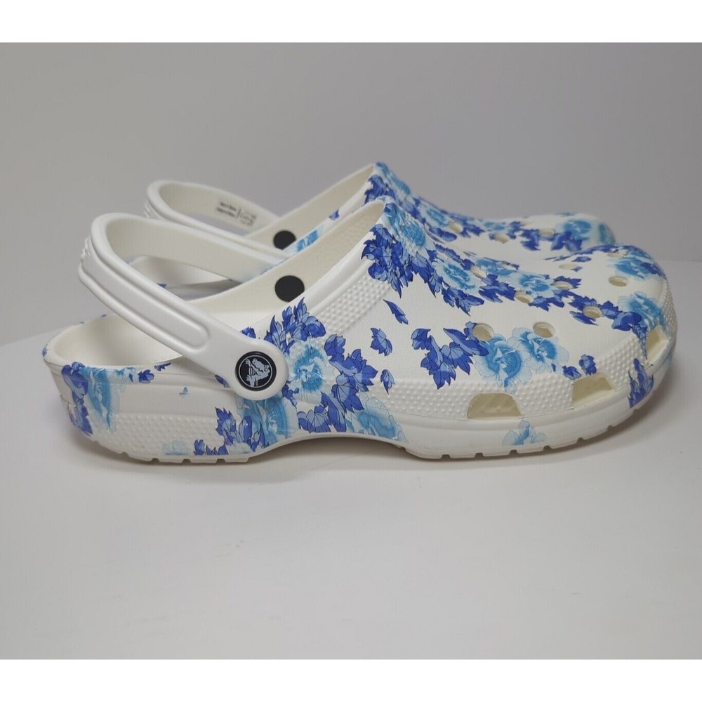 Crocs Men Size 12 Women 14 White Hawaiian Blue Flower Floral Graphic Clog 206376